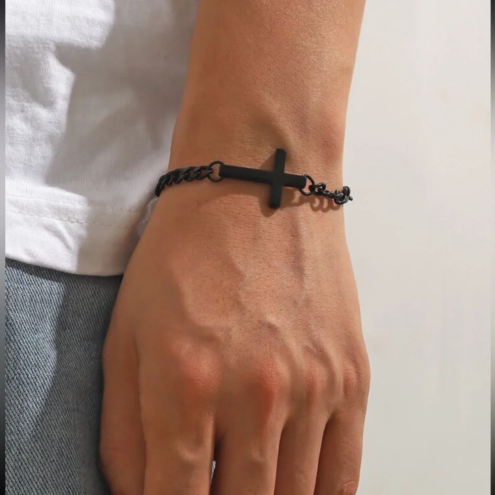 1pc Stainless Steel Cross Design Bracelet For Men Women Simple Style Couple Hand